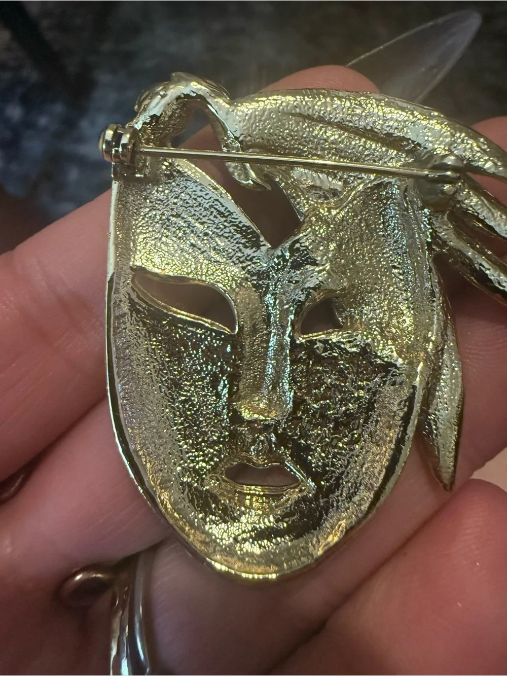 Gold Tone Theatrical Mask Brooch - Women Accessories